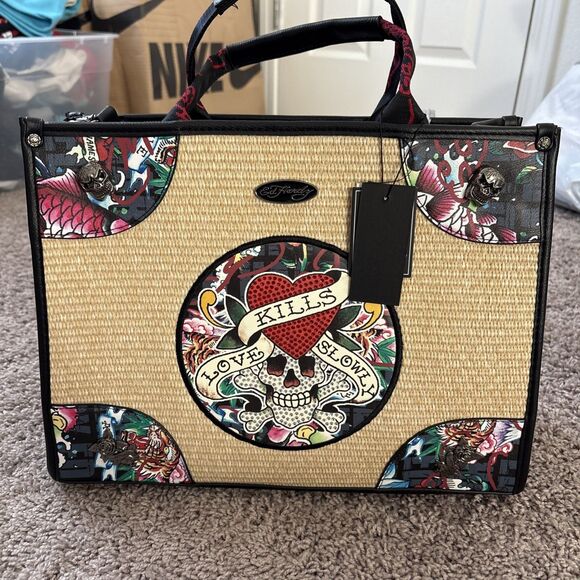 Viral Ed Hardy New Release Skull and Dragon | Mercari Ed Hardy Tattoo Heart Skull Embroidered Applique Metal Logo Plate Tote Bag New